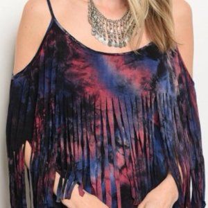 NWT VaVa By Joy Han Soft Tie Dye Cold Shoulder Fringe Dress